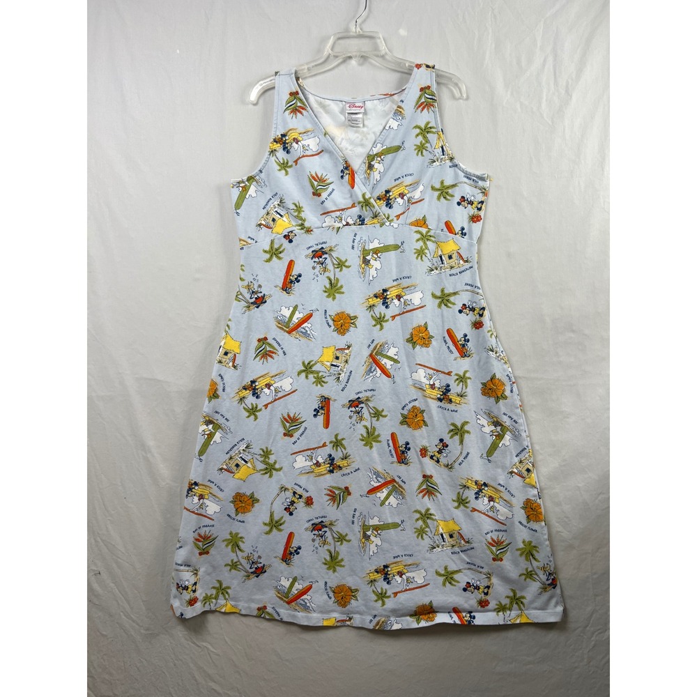 Disney Tank Dress Womens XXL Blue Mickey Minnie Mouse Tropical Surfing A-Line